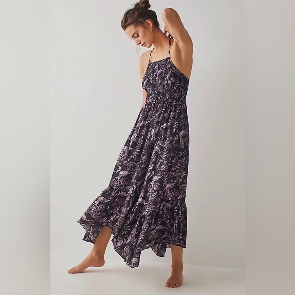 Free People Black and Pink Floral Midi Dress